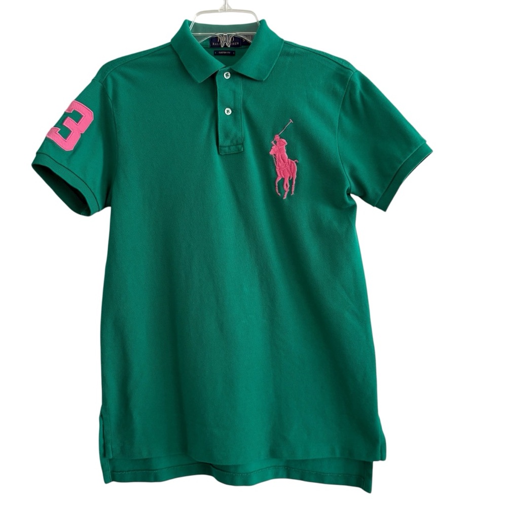 Polo Ralph Lauren Polo Shirt Big Pink Pony Custom Fit Green Short Sleeve Men's S